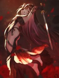 Rule 34 | 1girl, absurdres, armpits, bare shoulders, barefoot, black dress, breasts, brown hair, center opening, choker, collarbone, dolce (dolsuke), dress, dual wielding, ear piercing, earrings, fate/grand order, fate (series), full body, highres, holding, holding sword, holding weapon, jewelry, long hair, looking at viewer, medium breasts, navel, piercing, red eyes, revealing clothes, solo, strapless, strapless dress, sword, very long hair, weapon, yu mei-ren (fate)