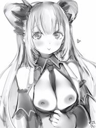 Rule 34 | 1girl, bad id, bad pixiv id, bare shoulders, between breasts, blush, breasts, breasts out, clothes pull, dated, detached sleeves, double bun, flashing, greyscale, hair bun, heart, highres, honey strap, horns, long sleeves, looking at viewer, medium breasts, monochrome, nanashi (nlo), nanashi inc., necktie, necktie between breasts, nipples, shirt pull, simple background, smile, solo, suou patra, virtual youtuber, white background