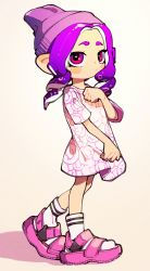 Rule 34 | 1girl, absurdres, beanie, closed mouth, double horizontal stripe, drill hair, full body, gradient background, hand up, hat, highres, inari1369, long hair, multicolored eyes, nintendo, octoling, octoling girl, octoling player character, oversized clothes, oversized shirt, pink footwear, purple eyes, purple hair, purple hat, red eyes, sandals, shadow, shirt, short sleeves, socks, solo, splatoon (series), splatoon 3, suction cups, tentacle hair, white socks