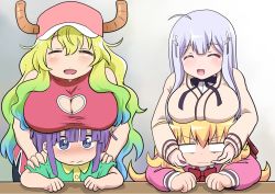 Rule 34 | &gt;:(, 10s, 1boy, 3:, 3girls, :d, ^ ^, age difference, aqua hair, baseball cap, blank eyes, blonde hair, blush, breast rest, breasts, breasts on head, child, cleavage, cleavage cutout, closed eyes, clothing cutout, commentary request, cross hair ornament, crossover, dragon girl, dragon horns, frown, gabriel dropout, gabriel tenma white, gradient hair, green hair, hair ornament, hat, horns, huge breasts, knives (knives777), kobayashi-san chi no maidragon, large breasts, long hair, lucoa (maidragon), magatsuchi shouta, multicolored hair, multiple girls, onee-shota, open mouth, purple hair, raphiel shiraha ainsworth, revision, school uniform, season connection, silver hair, smile, trait connection, v-shaped eyebrows