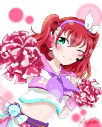 Rule 34 | 1girl, ;), aqua eyes, artist name, artist request, bare shoulders, blush, bow, breasts, cheerleader, clothes writing, collarbone, female focus, fingerless gloves, frilled skirt, frills, gloves, green eyes, hair between eyes, headphones, headset, highres, holding, holding pom poms, kurosawa ruby, looking at viewer, love live!, love live! school idol festival, love live! school idol festival all stars, love live! sunshine!!, miniskirt, musical note, musical note print, navel, neckerchief, one eye closed, parted lips, pink gloves, pink hair, pink pom poms, pink sailor collar, pink skirt, plaid, plaid skirt, pleated, pleated skirt, polka dot, polka dot skirt, pom pom (cheerleading), pom poms, purple neckerchief, red hair, ribbon, sailor collar, shirt, short hair, skirt, sleeveless, sleeveless shirt, small breasts, smile, solo, striped clothes, striped ribbon, striped skirt, twintails, two side up, white background, white bow, white ribbon, white shirt, wink