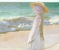 Rule 34 | 1girl, beach, blonde hair, daisy, fkey, flower, hat, highres, holding, holding flower, long hair, looking at viewer, ocean, original, outdoors, red eyes, sand, solo, straw hat, waves, wavy hair