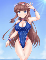 Rule 34 | 1girl, blue one-piece swimsuit, blue sky, blunt bangs, breasts, brown eyes, casual one-piece swimsuit, cleavage, cloud, cowboy shot, day, highres, large breasts, long hair, new game!, one-piece swimsuit, outdoors, ponytail, sidelocks, sky, solo, star (symbol), star print, swimsuit, takimoto hifumi, tansan 0, turtleneck, very long hair, visor cap