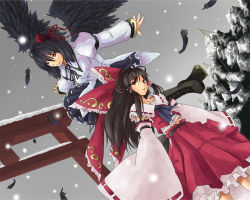 Rule 34 | 2girls, aprilrain, black hair, black wings, boots, bow, brown hair, cross-laced footwear, detached sleeves, dutch angle, embellished costume, feathers, female focus, frills, gathers, geta, hakurei reimu, hat, japanese clothes, kinsenka, lace-up boots, large bow, long hair, miko, multiple girls, one eye closed, outstretched arms, perfect cherry blossom, red eyes, shameimaru aya, short hair, snow, snowing, spread arms, tengu-geta, tokin hat, torii, touhou, wide sleeves, wings