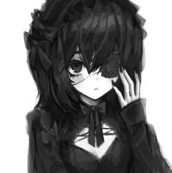 Rule 34 | 1girl, breasts, cleavage, cleavage cutout, clothing cutout, eyepatch, gd783hhh, greyscale, hairband, hand up, lolita hairband, long hair, long sleeves, looking at viewer, medical eyepatch, monochrome, nail polish, neck ribbon, one eye covered, original, parted lips, ribbon, simple background, sleeves past wrists, solo, upper body, white background