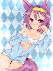 Rule 34 | 10s, 1girl, :&lt;, alternate costume, animal ear fluff, animal ears, argyle, argyle background, argyle clothes, bad id, bad pixiv id, breasts, fox ears, fox tail, hairband, hatsuse izuna, highres, no game no life, open clothes, open shirt, purple eyes, purple hair, sarashi, setsujou mikene, shirt, short hair, small breasts, solo, sweater, tail