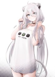 Rule 34 | 1girl, absurdres, animal ears, black choker, black nails, blue eyes, choker, ear piercing, gradient background, grey hair, hair between eyes, highres, hololive, jewelry, lion ears, lion girl, lion tail, long hair, looking at viewer, low twintails, nail polish, necklace, off-shoulder shirt, off shoulder, piercing, polka dot, polka dot background, shirt, shishiro botan, shishiro botan (casual), signature, solo, standing, tail, thighs, twintails, virtual youtuber, wanne, white background, white shirt