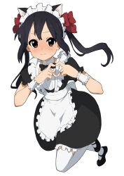 Rule 34 | 1girl, absurdres, alternate costume, animal ears, black footwear, black hair, blush, bow, bowtie, brown eyes, cat ears, detached collar, embarrassed, enmaided, frilled bracelet, frills, full body, hair bow, heart, heart hands, highres, k-on!, kicchi (tmgk), leg up, long hair, looking at viewer, maid, maid headdress, mary janes, multiple hair bows, nakano azusa, shoes, simple background, solo, sweatdrop, thighhighs, twintails, white background, white thighhighs