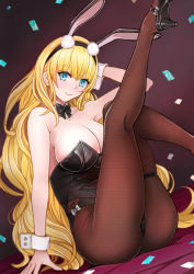 Rule 34 | 1girl, animal ears, armpits, ass, azur lane, bare shoulders, blonde hair, blue eyes, breasts, brown pantyhose, cleavage, confetti, detached collar, fake animal ears, hand in own hair, highres, large breasts, leotard, long hair, looking at viewer, north carolina (azur lane), north carolina (the heart&#039;s desire) (azur lane), official alternate costume, pantyhose, playboy bunny, rabbit ears, sai-go, solo, strapless, strapless leotard, very long hair, wrist cuffs