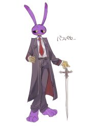 Rule 34 | 1boy, black coat, coat, collared shirt, cosplay, full body, gloves, highres, jax (the amazing digital circus), limbus company, long sleeves, necktie, pepo (y02d), project moon, rabbit boy, red necktie, shirt, simple background, solo, sword, the amazing digital circus, weapon, white background, white shirt, wing collar, yellow gloves