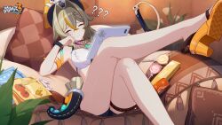 Rule 34 | 1girl, bare shoulders, bikini, bikini top only, blue shorts, breasts, brown hair, candy, character name, closed eyes, closed mouth, crossed legs, feet, food, frown, full body, gloves, grey eyes, hat, highres, honkai (series), honkai impact 3rd, large breasts, legs, long hair, nail polish, official alternate costume, official art, orange nails, pirate hat, sandals, shorts, solo, swimsuit, toenail polish, toenails, vill-v