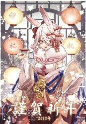 Rule 34 | 1girl, animal ears, bow, fur scarf, hair bow, hair over one eye, highres, japanese clothes, lantern, long sleeves, open mouth, original, paper lantern, rabbit ears, red bow, sacanahen, short hair, smile, solo, white hair, yellow eyes