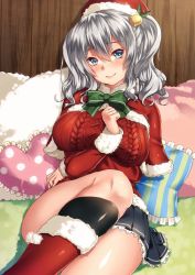 Rule 34 | 10s, 1girl, alternate costume, aran sweater, black socks, blue eyes, blue skirt, blush, boots, bow, breasts, cable knit, christmas ornaments, frilled pillow, frills, green bow, hair between eyes, hair ornament, hat, heart, heart-shaped pillow, highres, indoors, jacket, kantai collection, kashima (kancolle), keita (tundereyuina), large breasts, long sleeves, looking at viewer, on bed, pillow, pleated skirt, red footwear, red jacket, santa hat, silver hair, skirt, smile, socks, solo, sweater, twintails, wooden wall