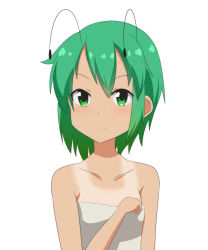 Rule 34 | 1girl, antennae, bare shoulders, cato (monocatienus), collarbone, commentary, frown, green eyes, green hair, highres, looking at viewer, naked towel, short hair, simple background, solo, tan, tanline, touhou, towel, upper body, white background, wriggle nightbug