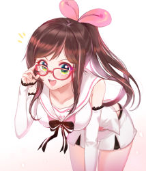 Rule 34 | 1girl, :d, alternate eye color, bent over, brown hair, commentary request, detached sleeves, glasses, gradient background, green eyes, hairband, highres, kani (kkk kani), kizuna ai, kizuna ai inc., long hair, looking at viewer, open mouth, pink-framed eyewear, pink background, pink hairband, ponytail, sailor collar, smile, solo, teeth, virtual youtuber, white background, white sailor collar