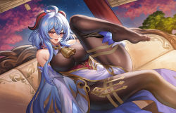Rule 34 | 1girl, ahoge, bare shoulders, bell, black gloves, black pantyhose, blue hair, blush, bodystocking, breasts, detached sleeves, dress, elbow gloves, ganyu (genshin impact), genshin impact, gloves, horns, kacyu, knee up, large breasts, legs, long hair, looking at viewer, open mouth, pantyhose, purple eyes, sitting, smile, solo, white dress