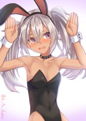 Rule 34 | 1girl, absurdres, animal ears, bare shoulders, collar, collarbone, commentary request, covered navel, dark-skinned female, dark skin, fake animal ears, fangs, flat chest, gradient background, hair between eyes, hands up, highres, kuroi k-ta, leotard, long hair, matsukai mao, nijisanji, open mouth, pink eyes, playboy bunny, purple background, rabbit ears, silver hair, solo, spiked collar, spikes, thighs, twintails, virtual youtuber, white background