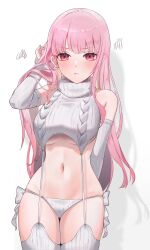 Rule 34 | 1girl, absurdres, blush, breasts, detached sleeves, garter straps, highres, hololive, hololive english, large breasts, long hair, looking at viewer, meme attire, mori calliope, navel, non-web source, panties, pink eyes, pink hair, ribbed panties, ribbed sleeves, ribbed thighhighs, sleeveless, sleeveless sweater, solo, source request, sweater, turtleneck, underboob, underwear, virgin destroyer sweater, virtual youtuber, white garter straps