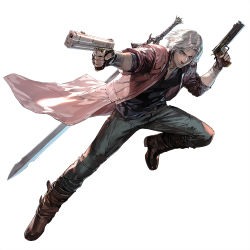 Rule 34 | 1boy, black pants, black shirt, blue eyes, boots, brown footwear, dante (devil may cry), devil may cry (series), devil may cry 5, dual wielding, facial hair, gun, handgun, holding, holding gun, holding weapon, jacket, looking at viewer, male focus, medium hair, mita chisato, pants, pistol, red jacket, shirt, smile, solo, stubble, sword, weapon, weapon on back, white background, white hair