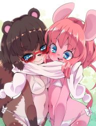 Rule 34 | 2girls, animal ears, asymmetrical docking, belly-to-belly, bikini, blue eyes, blush, breast press, breasts, brown hair, cleavage, drooling, embarrassed, flat chest, furry, furry female, glasses, groin, heavy breathing, highres, mouse ears, mouse tail, multiple girls, navel, open mouth, original, pink hair, raccoon ears, raccoon girl, raccoon tail, saliva, scarf, shared clothes, shared scarf, short hair, smile, swimsuit, tail, tears, upper body, white bikini, white scarf, yuuki (yuyuki000)