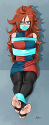 Rule 34 | 1girl, android 21, arms behind back, bdsm, blue eyes, bondage, bound, bound arms, bound legs, breasts, brown hair, dragon ball, dragon ball fighterz, gag, gagged, glasses, highres, improvised gag, long hair, lost one zero, medium breasts, tape, tape bondage, tape gag