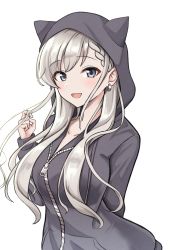 Rule 34 | 1girl, :d, absurdres, animal hood, black jacket, blush, braid, braided bangs, breasts, commentary request, drawstring, earrings, grey eyes, grey hair, twirling hair, hand up, highres, hisakawa hayate, hood, hood up, hooded jacket, idolmaster, idolmaster cinderella girls, idolmaster cinderella girls starlight stage, jacket, jewelry, long hair, long sleeves, looking at viewer, medium breasts, mitsumine raimu, open mouth, simple background, smile, solo, very long hair, white background
