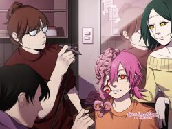 Rule 34 | 1boy, 3girls, airbrush, applying makeup, black hair, black sclera, brown hair, chainsaw man, colored sclera, cosiecottage, cosmo (chainsaw man), dangling eye, exposed brain, glasses, green hair, hair bun, hair ribbon, heart, heart-shaped pupils, medium hair, mirror, multiple girls, orange sweater, pale skin, pink hair, red eyes, reflection, ribbon, short hair, short twintails, sleeveless, sleeveless turtleneck, smile, stitched face, stitched mouth, stitches, sweater, symbol-shaped pupils, tsugihagi (chainsaw man), turtleneck, twintails, twitter username, yellow eyes, yellow sweater