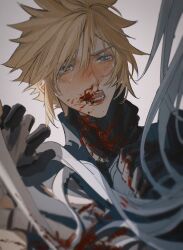 Rule 34 | 2boys, acutecrane, black gloves, blonde hair, blood, blood in hair, blood on hands, blood on mouth, blue eyes, blurry, cloud strife, crying, crying with eyes open, depth of field, final fantasy, final fantasy vii, gloves, grey background, grey hair, highres, holding another&#039;s wrist, holding hands, injury, long hair, male focus, multiple boys, nosebleed, open mouth, saliva, sephiroth, short hair, spiked hair, strangling, tears, upper body