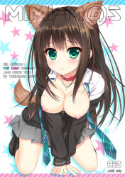 Rule 34 | 10s, 1girl, ameto yuki, animal ear fluff, animal ears, bad id, bad pixiv id, black socks, blush, breasts, breasts out, brown hair, collar, cover, cover page, dog ears, dog tail, english text, female focus, green eyes, idolmaster, idolmaster cinderella girls, kneehighs, kneeling, large breasts, loafers, long hair, necktie, unworn necktie, nipples, open clothes, open shirt, school uniform, shibuya rin, shirt, shoes, skirt, socks, solo, tail, thighs, v arms