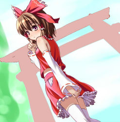 Rule 34 | 1girl, bad id, bad pixiv id, bare shoulders, blush, bow, brown hair, detached sleeves, dutch angle, female focus, finger to face, frills, from below, hair bow, hakurei reimu, japanese clothes, jpeg artifacts, ket-c, looking at viewer, looking back, miko, pink eyes, short hair, solo, standing, thighhighs, torii, touhou, white thighhighs, zettai ryouiki
