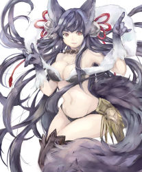 Rule 34 | 10s, 1girl, animal ears, bare shoulders, bell, blunt bangs, blush, breasts, cleavage, cowboy shot, erune, fox shadow puppet, fur, granblue fantasy, groin, hair bell, hair ornament, hand gesture, large breasts, long hair, looking at viewer, midriff, navel, open mouth, shunatsu (shisui), sidelocks, smile, solo, stomach, vambraces, very long hair, white background, yuel (granblue fantasy)