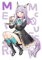 Rule 34 | 1girl, animal ears, text background, black footwear, black jacket, black skirt, blue bow, blue ribbon, blue socks, blush, boots, bow, character name, closed mouth, commentary request, cross-laced footwear, cup, ear ribbon, frilled jacket, frills, full body, high heel boots, high heels, highres, holding, holding cup, holding saucer, horse ears, horse girl, horse tail, jacket, kneehighs, kurata rine, lace-up boots, long hair, looking at viewer, mejiro mcqueen (umamusume), outline, pleated skirt, purple eyes, purple hair, ribbon, saucer, skirt, smile, socks, solo, swept bangs, tail, teacup, umamusume, white background, white outline