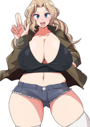 Rule 34 | 1girl, black shirt, blonde hair, blue eyes, breasts, cleavage, covered erect nipples, denim, denim shorts, dettonnn, girls und panzer, gokinezura, highres, jacket, kay (girls und panzer), large breasts, long hair, looking at viewer, midriff, navel, open clothes, open jacket, open mouth, salute, shirt, shorts, solo, thighhighs, two-finger salute, white background