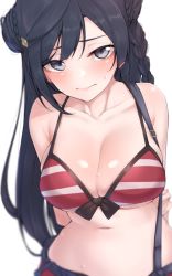 Rule 34 | 1girl, arms behind back, bare shoulders, bikini, bikini top only, black hair, blurry, blush, braid, braided bun, breasts, cleavage, closed mouth, collarbone, commentary request, depth of field, double bun, front-tie bikini top, front-tie top, grey eyes, hair bun, halterneck, hand on own arm, highres, large breasts, long hair, looking at viewer, love live!, love live! nijigasaki high school idol club, nasuno (nasuno42), navel, red bikini, simple background, single braid, skindentation, solo, stomach, striped bikini, striped clothes, suspenders, sweat, swimsuit, upper body, very long hair, white background, yuki setsuna (love live!)