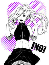 Rule 34 | 1girl, :d, female focus, fishnets, hair over one eye, long hair, lowres, midriff, monochrome, naruto, naruto (series), open mouth, phoenix-xx, ponytail, smile, solo, spot color, white background, yamanaka ino
