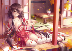 Rule 34 | 10s, 1girl, autumn leaves, bare shoulders, black hair, breasts, cha chazi, cleavage, covered erect nipples, date a live, hair over one eye, japanese clothes, kimono, long hair, miko, ofuda, ofuda on nipples, open clothes, pasties, red eyes, ribbon-trimmed legwear, ribbon-trimmed sleeves, ribbon trim, smile, solo, thighhighs, tokisaki kurumi, twintails, very long hair