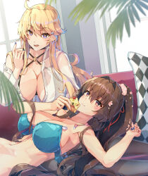 Rule 34 | 2girls, ahoge, alternate costume, artist name, ass, blonde hair, blue bra, blue eyes, blue nails, bra, breasts, brown eyes, brown hair, cherry blossoms, dark-skinned female, dark skin, dated, flower, grey hair, hair between eyes, hair flower, hair intakes, hair ornament, highres, himeyamato, holding hands, iowa (kancolle), kantai collection, large breasts, long hair, long sleeves, lying, multiple girls, nail polish, on back, ponytail, red nails, revision, shirt, sidelocks, standing, star-shaped pupils, star (symbol), symbol-shaped pupils, twintails, underwear, very long hair, white shirt, yamato (kancolle)