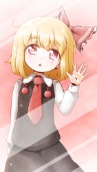 Rule 34 | 1girl, :o, against glass, blonde hair, blouse, fourth wall, glass, hair ribbon, looking at viewer, necktie, red eyes, red necktie, ribbon, roco (katsuya1011), rumia, shirt, short hair, solo, touhou, vest