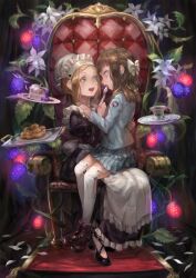 Rule 34 | 2girls, apron, armchair, black dress, black footwear, blonde hair, bow, brown hair, cake, cake slice, chair, cup, dress, feeding, floating, floating object, food, fork, frills, full body, green eyes, hair bow, highres, jacket, looking at another, maid, maid apron, maid headdress, muffin, multiple girls, open mouth, original, plant, pleated skirt, purple eyes, saucer, sitting, sitting on lap, sitting on person, skirt, teacup, thighhighs, totoya yuu, tray