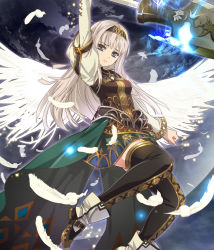 Rule 34 | 1girl, alicia (valkyrie profile 2), angel wings, black thighhighs, commentary request, grey eyes, headband, holding, looking at viewer, nyoro (nyoronyoro000), polearm, silver hair, solo, thighhighs, valkyrie profile (series), valkyrie profile 2: silmeria, weapon, wings, zettai ryouiki