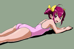 Rule 34 | 10s, 1girl, ahoge, ass, blush, bow, green background, hair bow, hoshizora miyuki, looking at viewer, lying, on stomach, one-piece swimsuit, open mouth, pink eyes, pink hair, pink one-piece swimsuit, precure, rohitsuka, short hair, smile precure!, solo, swimsuit