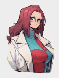 Rule 34 | 1girl, alternate hairstyle, android 21, blue eyes, breasts, checkered clothes, checkered dress, dragon ball, dragon ball fighterz, dress, earrings, glasses, grey background, hoop earrings, jewelry, kemachiku, lab coat, long hair, looking at viewer, medium breasts, red hair, simple background, solo, upper body