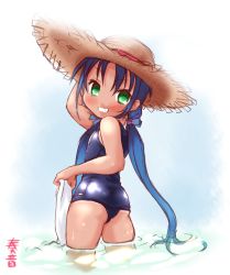 Rule 34 | 10s, 1girl, alternate costume, artist name, blue hair, from behind, gradient background, green eyes, grin, hair ribbon, hand on headwear, hat, highres, kanon (kurogane knights), kantai collection, looking at viewer, looking back, low twintails, one-piece swimsuit, ribbon, school swimsuit, signature, smile, solo, straw hat, suzukaze (kancolle), swimsuit, tan, tanline, twintails, wading, water