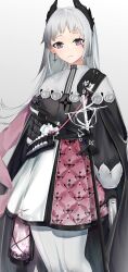 Rule 34 | 1girl, absurdres, ammunition belt, arknights, black cape, black gloves, black jacket, cape, capelet, closed mouth, cowboy shot, earrings, gloves, grey eyes, grey hair, gun, head wings, high-waist skirt, highres, holding, holding gun, holding weapon, irene (arknights), jacket, jewelry, kotoha (kotoha65), lantern, layered skirt, long hair, long sleeves, looking at viewer, pantyhose, print skirt, rapier, scar, scar across eye, scar on face, sheath, sheathed, simple background, skirt, solo, sword, weapon, white background, white capelet, white pantyhose, white skirt, wings