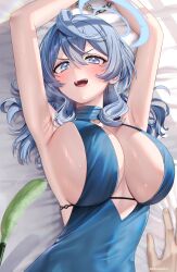 Rule 34 | 1girl, 1other, absurdres, ako (blue archive), ako (dress) (blue archive), armpits, bed sheet, blue archive, blue dress, blue eyes, blue hair, blue halo, blush, breasts, covered navel, dress, earrings, hair between eyes, halo, highres, jewelry, large breasts, long hair, looking at viewer, official alternate costume, open mouth, presenting armpit, restrained, revision, sideboob, sleeveless, sleeveless dress, solo focus, twitter username, yayoi maka
