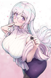 Rule 34 | 1girl, :o, black pantyhose, blush, breasts, candy, chocolate, chocolate heart, commentary request, food, glasses, heart, holding, indie virtual youtuber, large breasts, light purple hair, long hair, looking at viewer, mi2mi2 minmi, multicolored hair, one-piece swimsuit, pantyhose, parted lips, purple eyes, purple skirt, ribbed sweater, simple background, skirt, sleeveless, sleeveless sweater, sleeveless turtleneck, solo, sparkle, sweater, swimsuit, turtleneck, very long hair, virtual youtuber, white hair, white one-piece swimsuit, white sweater, yomi tsumugiha