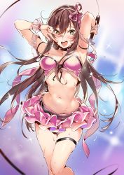 Rule 34 | 1girl, arm up, armband, armpits, bandeau, bare shoulders, blush, bow, breasts, brown hair, cable, choker, hair between eyes, hairband, hand gesture, highres, hip focus, idolmaster, idolmaster shiny colors, long hair, looking at viewer, medium breasts, microphone, navel, open mouth, osaki amana, pink bow, pink skirt, skirt, smile, solo, sparkle, sweat, thigh strap, thighs, w, yellow eyes, yuran