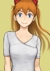 Rule 34 | 1girl, artist request, blue eyes, breasts, brown hair, casual, cowboy shot, hair ornament, highres, lips, long hair, looking at viewer, medium breasts, neon genesis evangelion, shirt, short sleeves, simple background, solo, souryuu asuka langley, twintails, twitter username, two side up, very long hair, white background, white shirt
