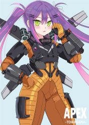 Rule 34 | 1girl, absurdres, apex legends, blue background, blush, bodysuit, clenched hand, copyright name, cosplay, green eyes, hair behind ear, hand on own hip, highres, hololive, jetpack, logo, looking at viewer, open mouth, orange bodysuit, purple hair, ranobe-senka, solo, tokoyami towa, twintails, valkyrie (apex legends), valkyrie (apex legends) (cosplay), virtual youtuber