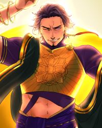 Rule 34 | 1boy, absurdres, armor, bracelet, cropped shirt, duryodhana (fate), earrings, facial hair, fate/grand order, fate (series), g g gera, goatee, goatee stubble, highres, jewelry, looking at viewer, male focus, mature male, navel, necklace, purple eyes, purple hair, sash, shoulder sash, signature, single earring, smile, solo, stubble, upper body
